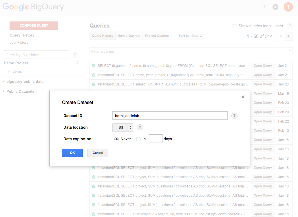 Creating New Dataset for Google BigQuery ML